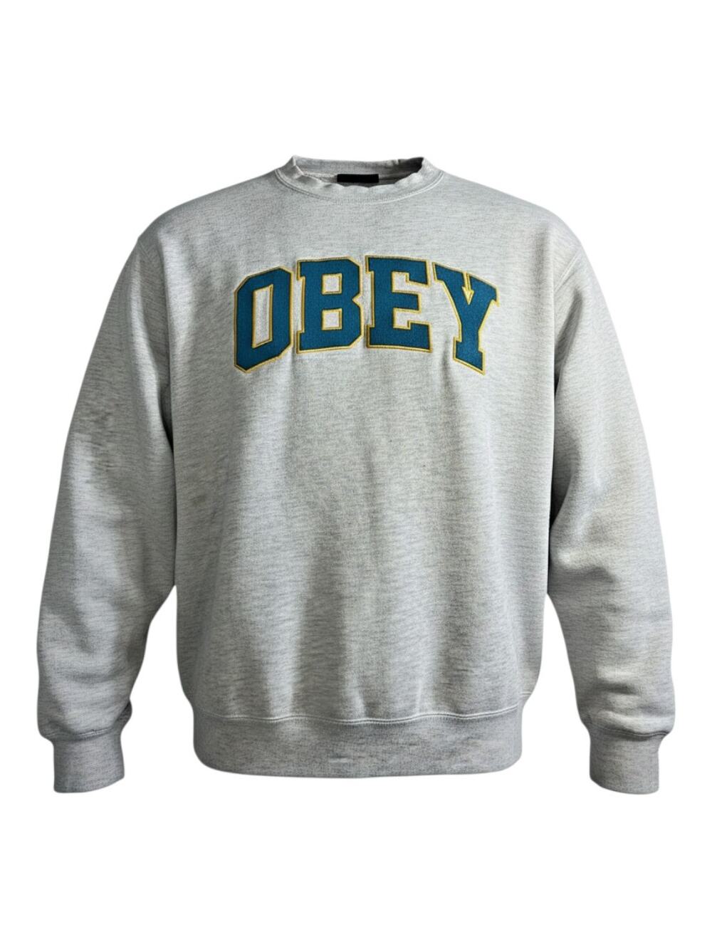Obey Worldwide Crewneck Sweatshirt Gray Blue Logo Fleece Pullover Size S